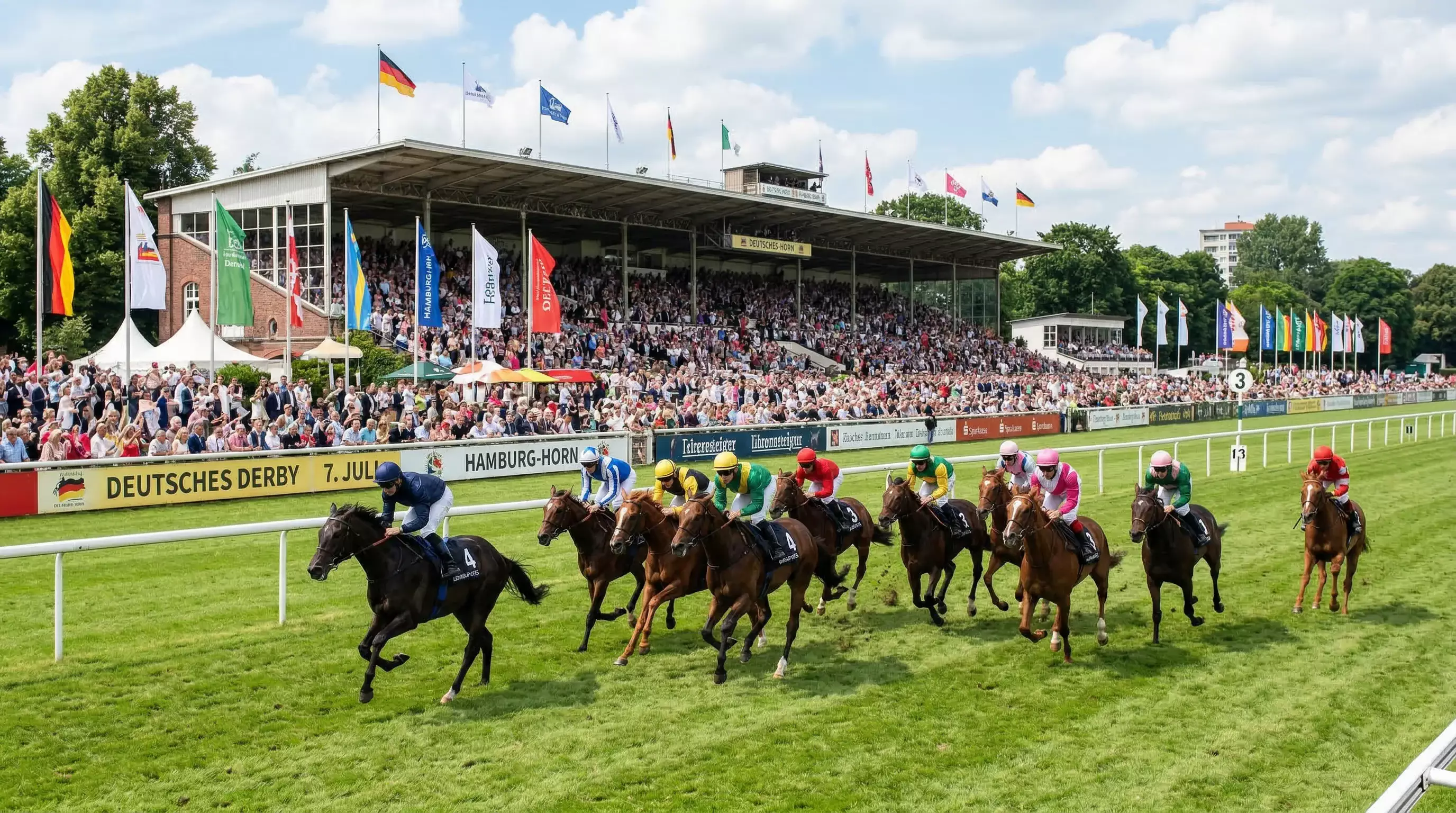 Galopprennen beim Deutschen Derby in Hamburg-Horn mit vollem Starterfeld auf der Zielgeraden