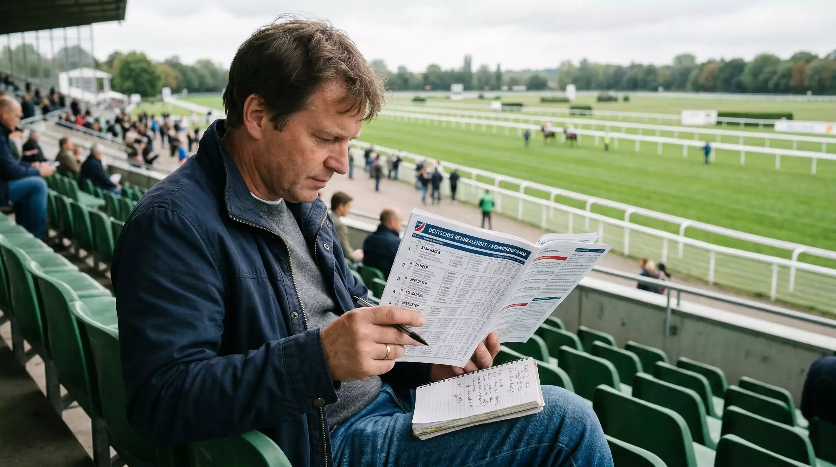 Person analysiert ein Rennprogramm mit Notizen und Stift vor einem Pferderennen auf der Tribüne